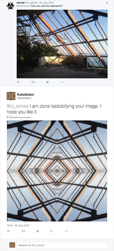 Twitter conversation showing a glass-roof structure transformed into a diamond-shaped symmetrical image.