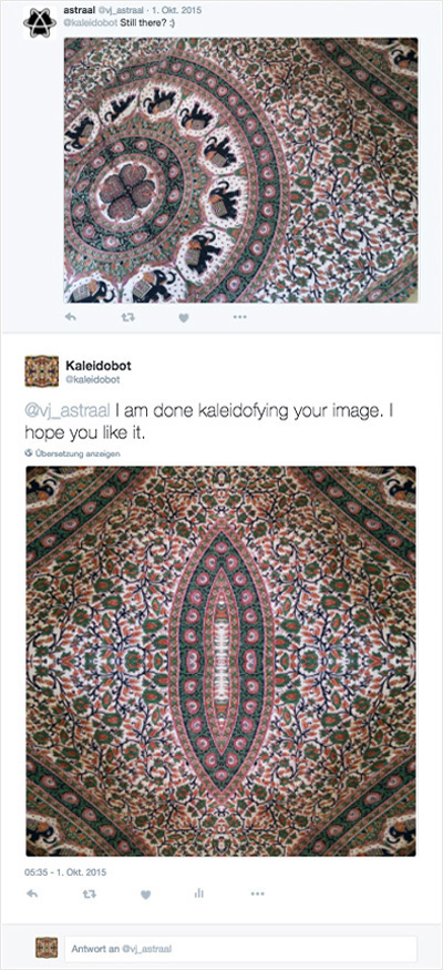 Twitter conversation showing a patterned textile and its mirrored kaleidoscopic result.