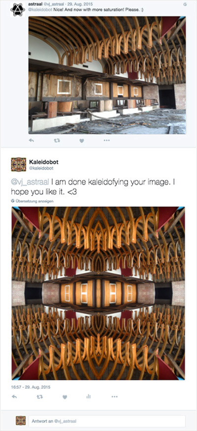 Twitter conversation showing curved wooden beams transformed into a symmetrical image.
