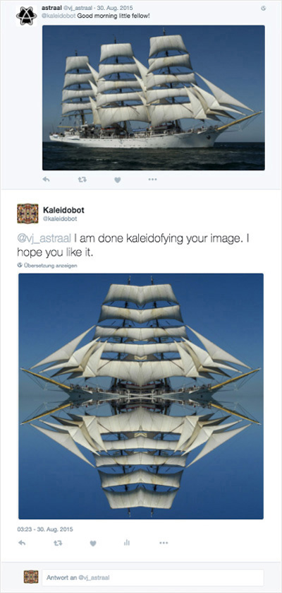Twitter conversation showing a sailing ship and a vertically mirrored response.