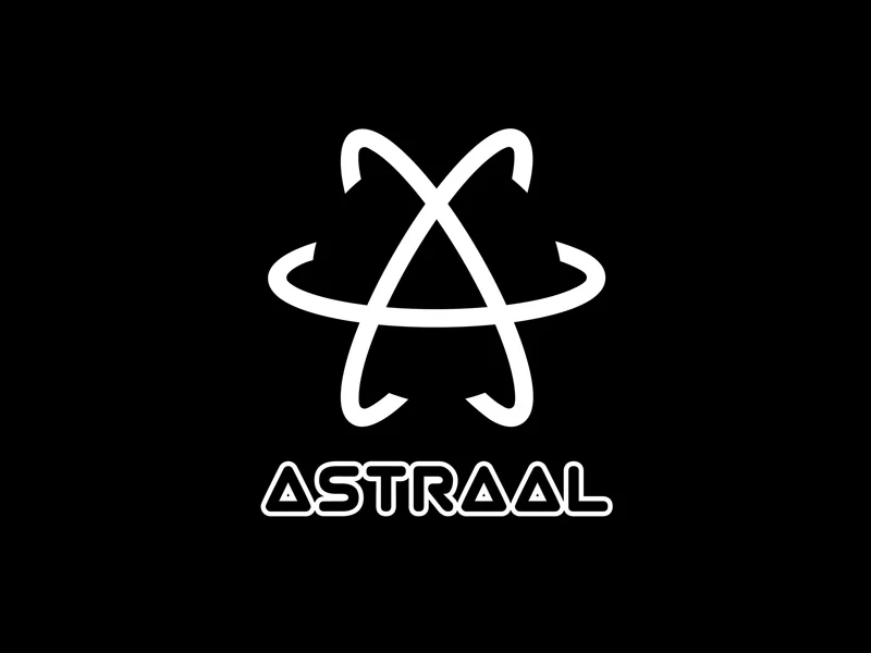 White Astraal orbital symbol and outlined wordmark on black.