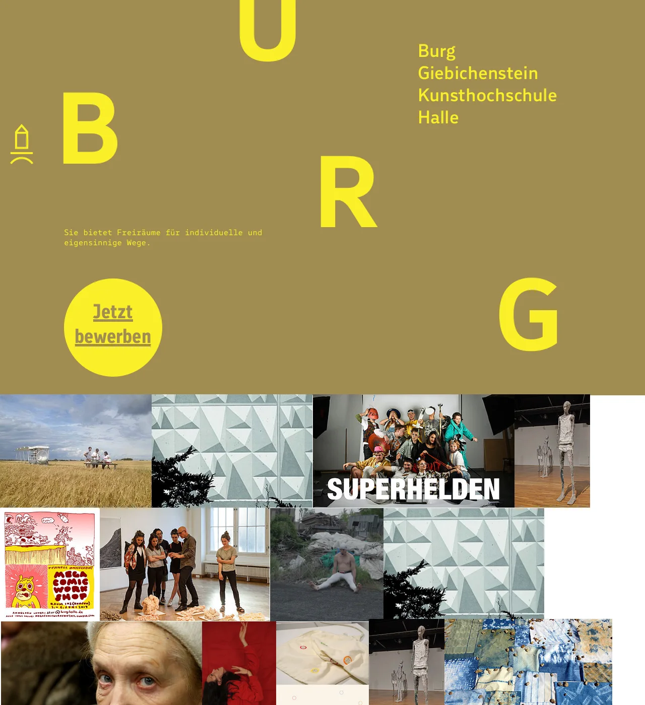 Burg Halle application section followed by a large image mosaic.