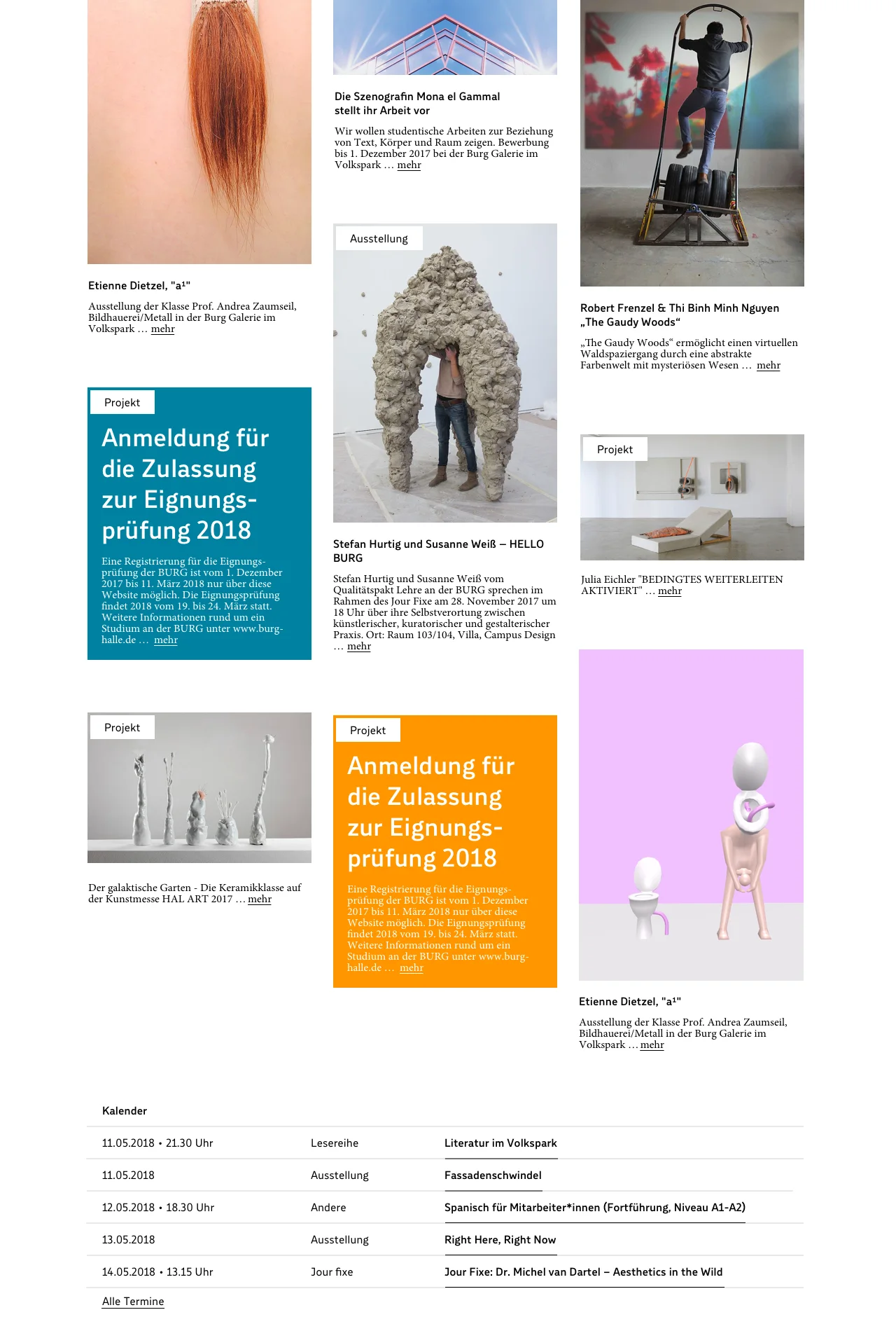 Burg Halle page with project cards, application information, and event listings.