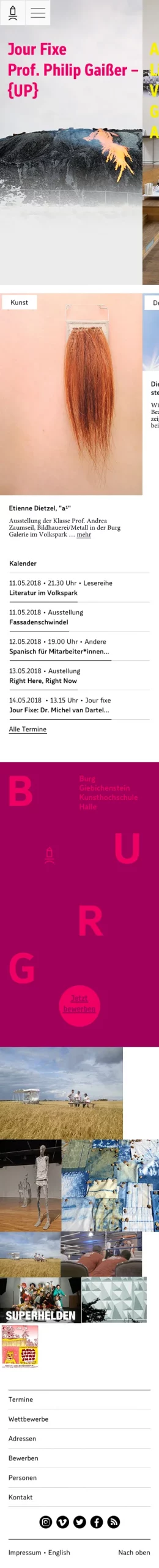 Narrow mobile layout of the Burg Halle landing page.