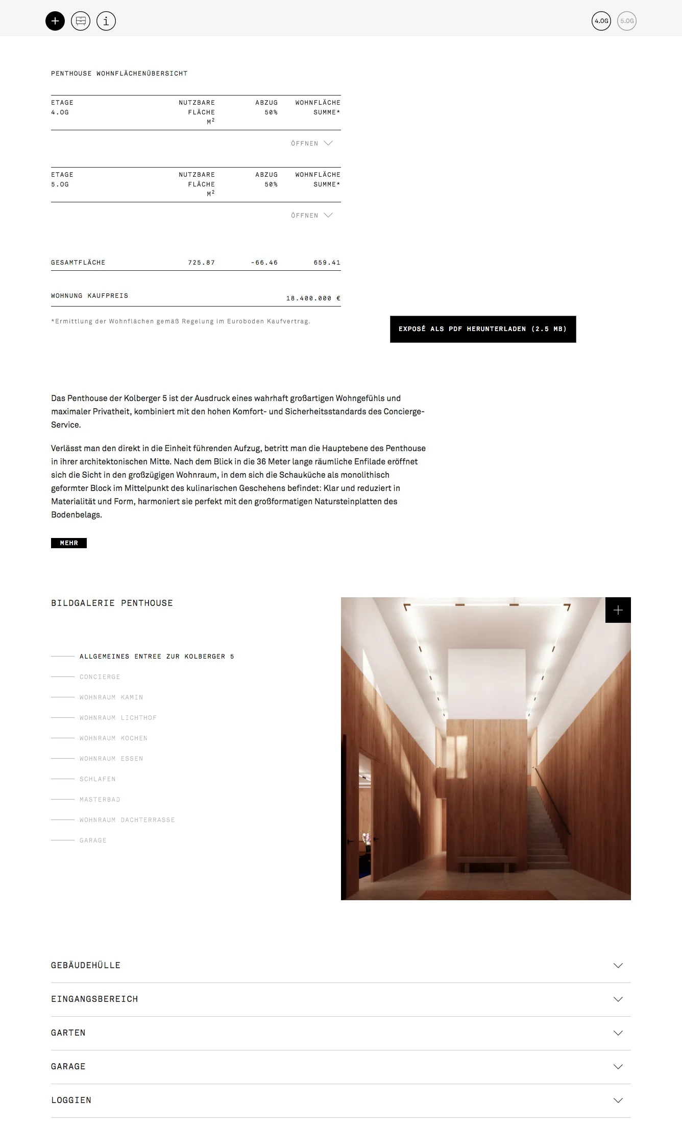 Kolberger 5 page with specifications, descriptive text, an interior image, and building-detail controls.