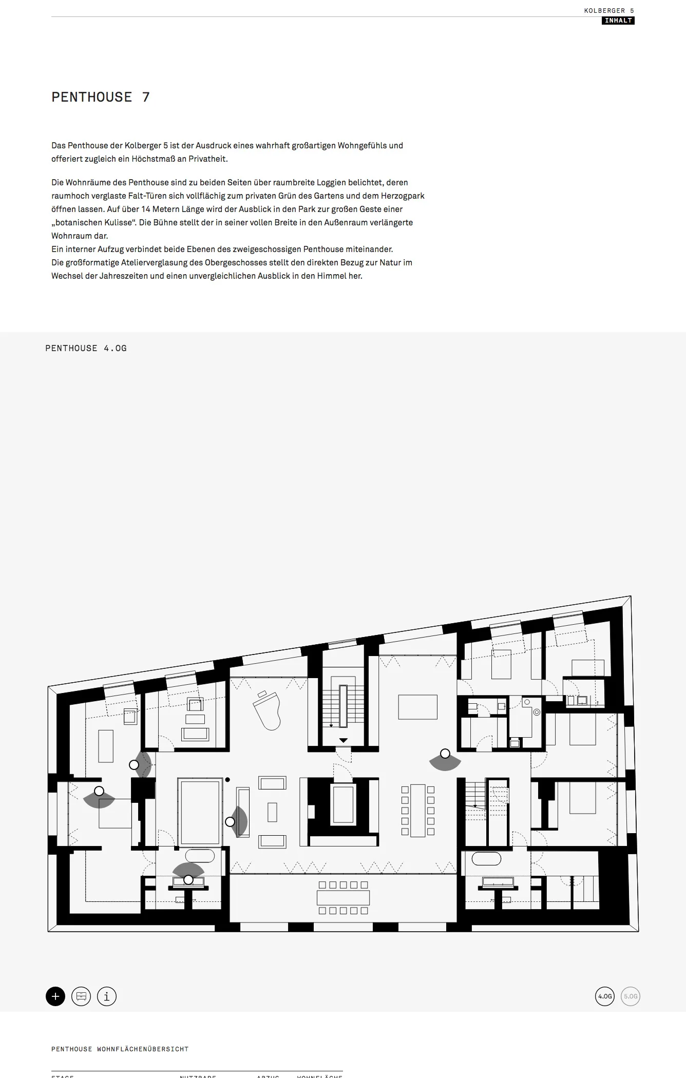 Kolberger 5 penthouse page with introductory text and a large architectural floor plan.