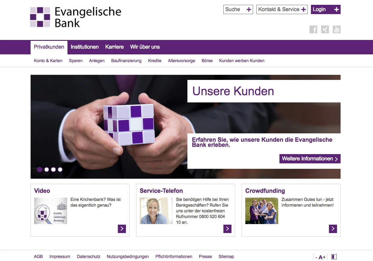 Evangelische Bank homepage with purple navigation, a campaign image, and three service modules.