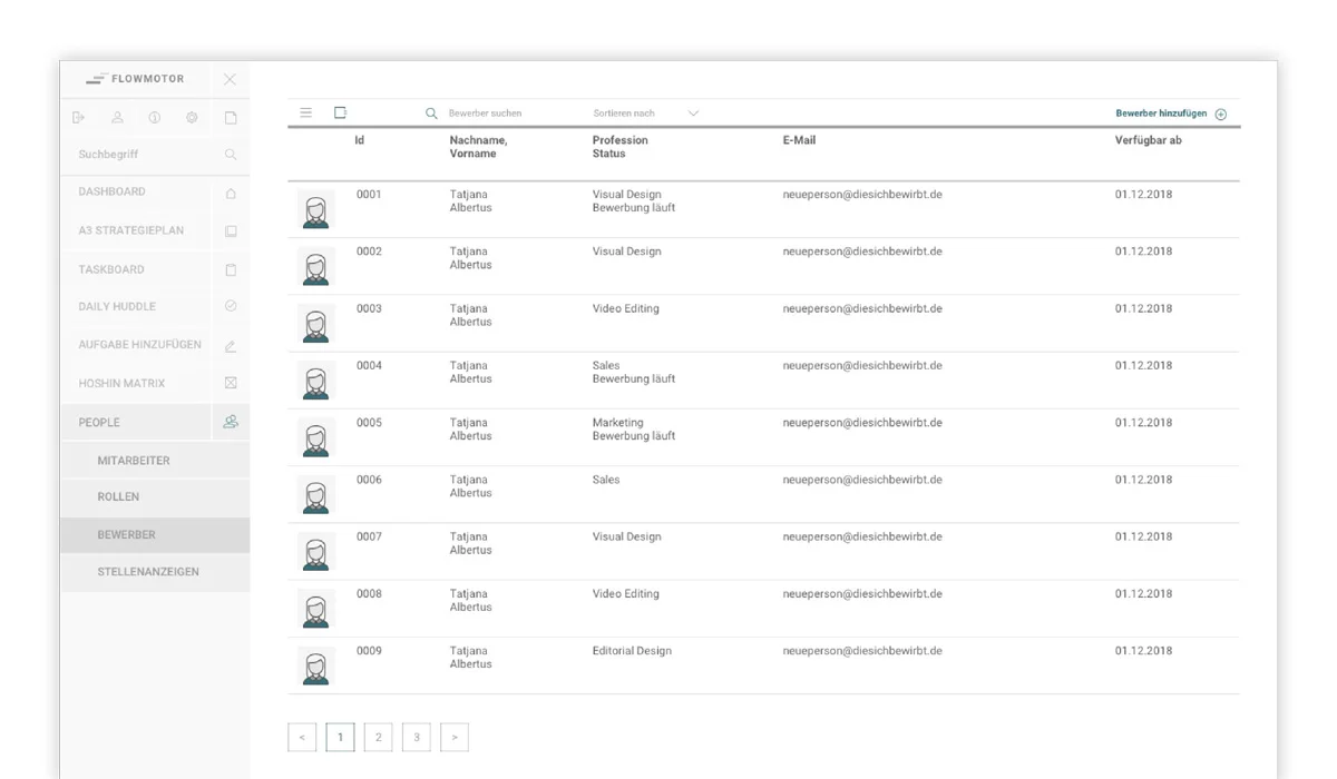 Flowmotor employee list with navigation on the left and profile rows in the main area.