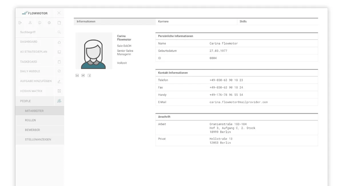 Employee profile divided into personal information, contact information, and address panels.