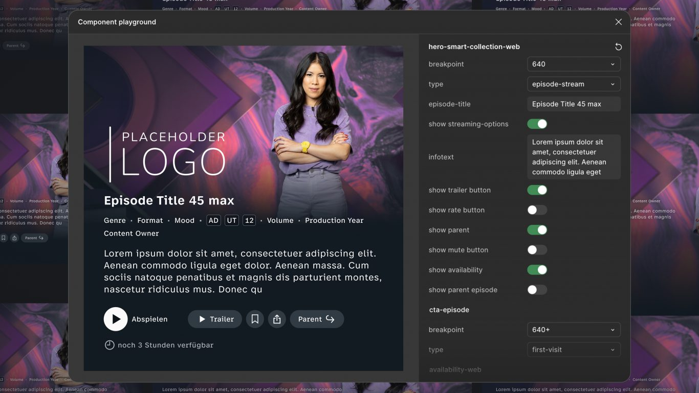 Component playground for a smart collection teaser with controls for breakpoint, content type and streaming behaviour