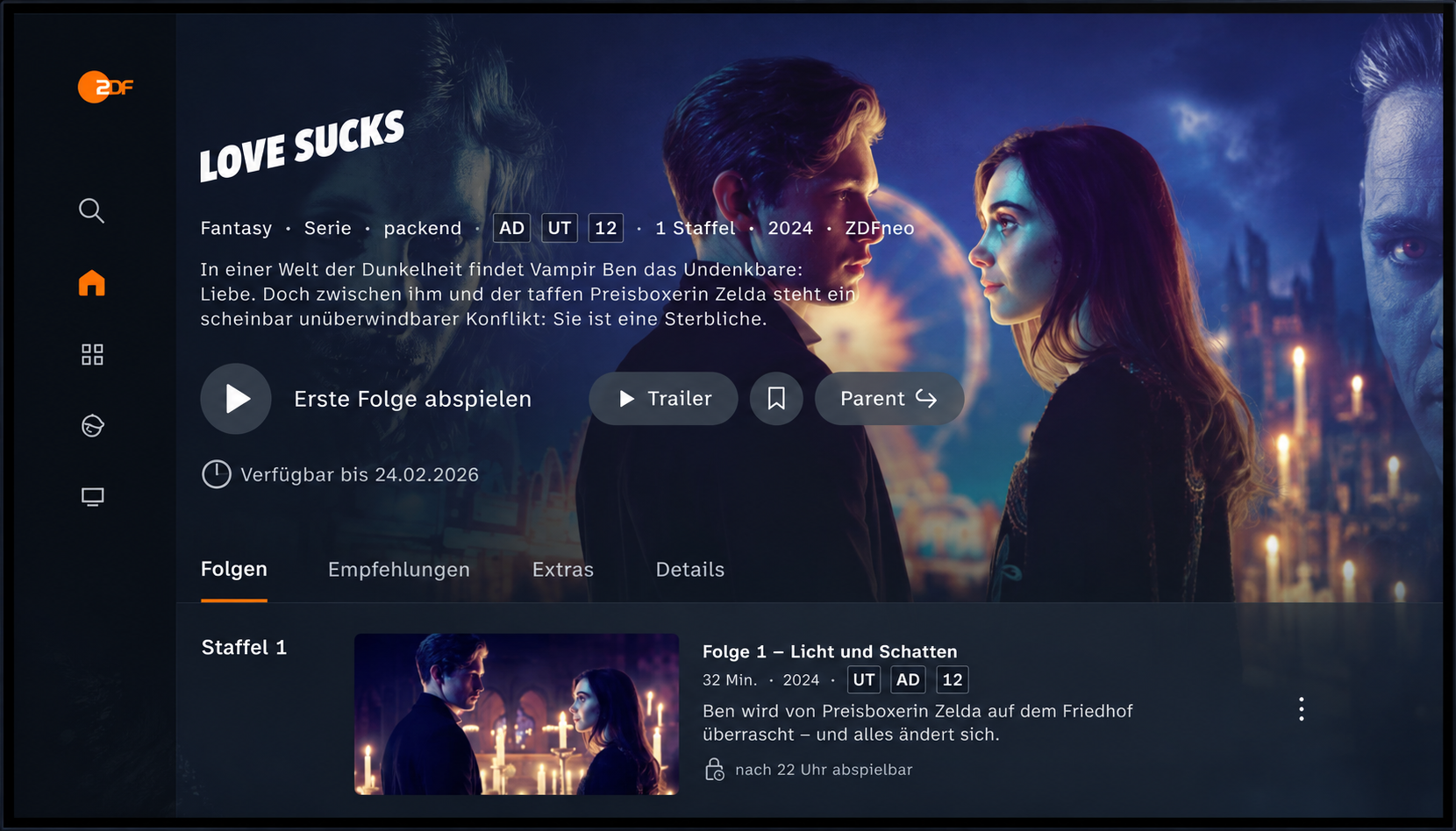 The ZDF media library on a TV: large type and few elements for couch distance