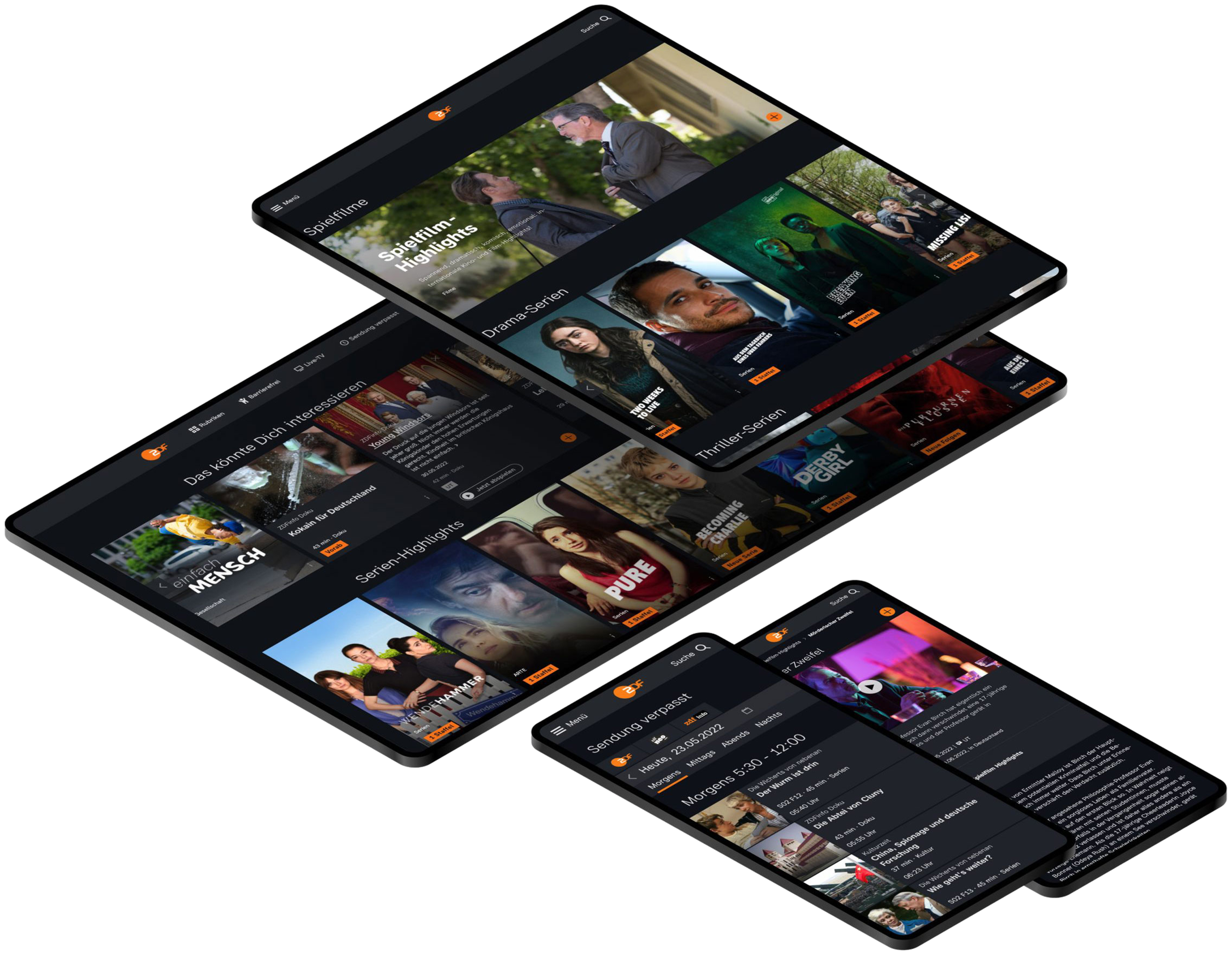 The ZDF media library interface shown across TV, desktop and mobile devices