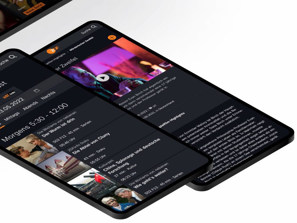 The ZDF media library interface on mobile phones